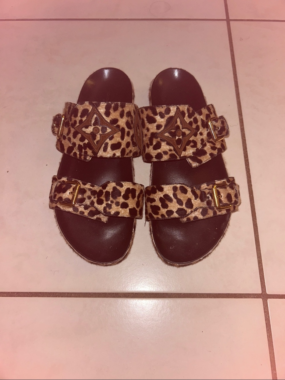 Authentic Bom Dia Louis Vuitton Leopard Print Double-Buckle Slide Sandals